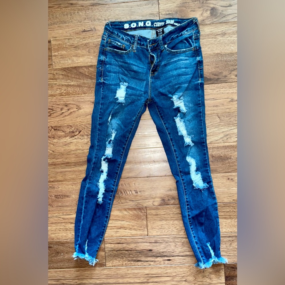 ⭐️S.O.N.G. curvy skinny ankle high rise distressed dark blue jeans sz 3/26